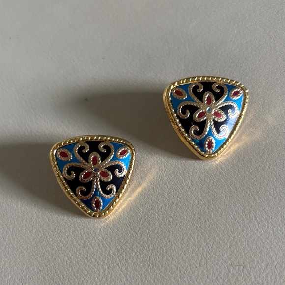 Vintage Jewelry - Vintage triangle blue and gold clip on earrings